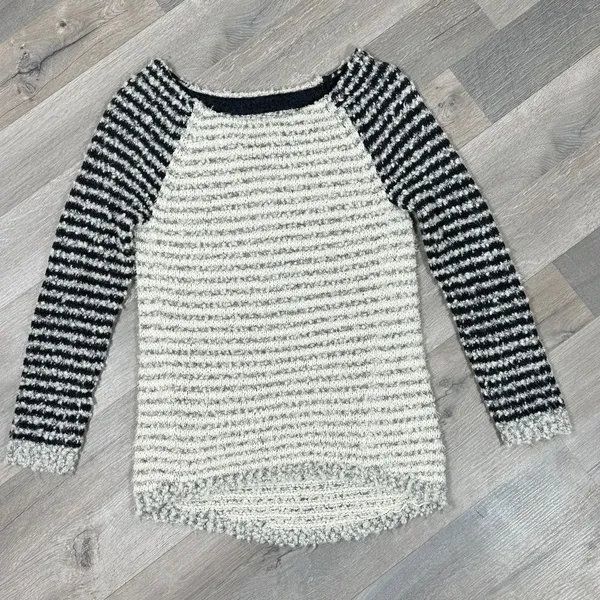 Loft Striped Boucle Knit Pullover Sweater Tan‎ Grey Black XS Colorblock - Image 13