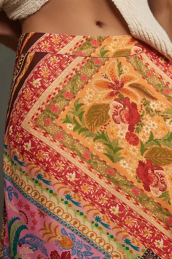 Farm Rio Mixed Scarves Satin Slip Midi Skirt, Size XS - Image 14