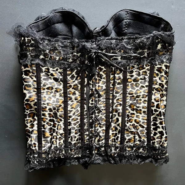 VAACODOR Women’s Leopard Print Corset Side Zip Back Tie Lace Bows Sz XXL Y2K EUC - Image 5