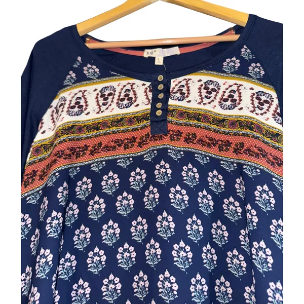 NWT Jolt Top Women's Size Large‎ Boho Hippie Paisley 3/4 Roll Tab Sleeves Blue - Image 2