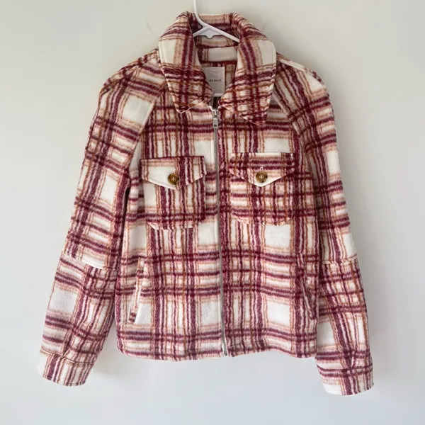 Avec Les Filles Plaid Zip Up Jacket Fleece White Pink Orange Shacket Cropped - Image 2