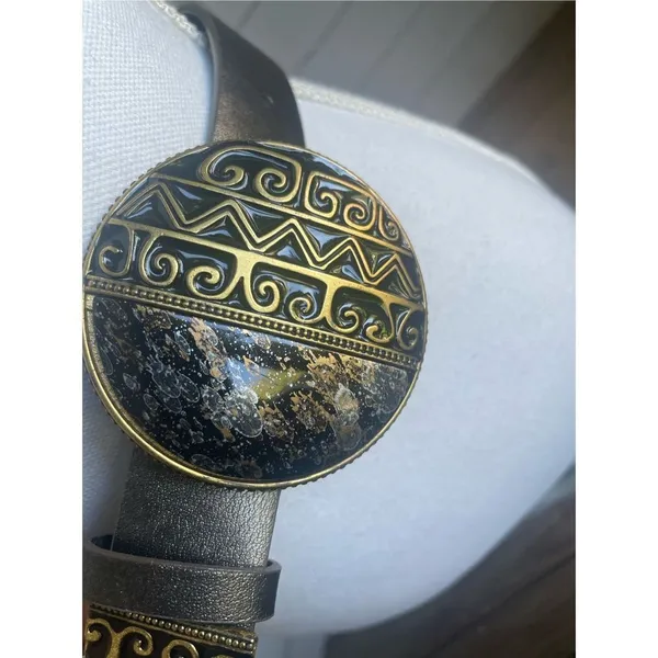 Chicos Leather Black Gold Metallic Large Buckle Belt Size S Retro - Image 8