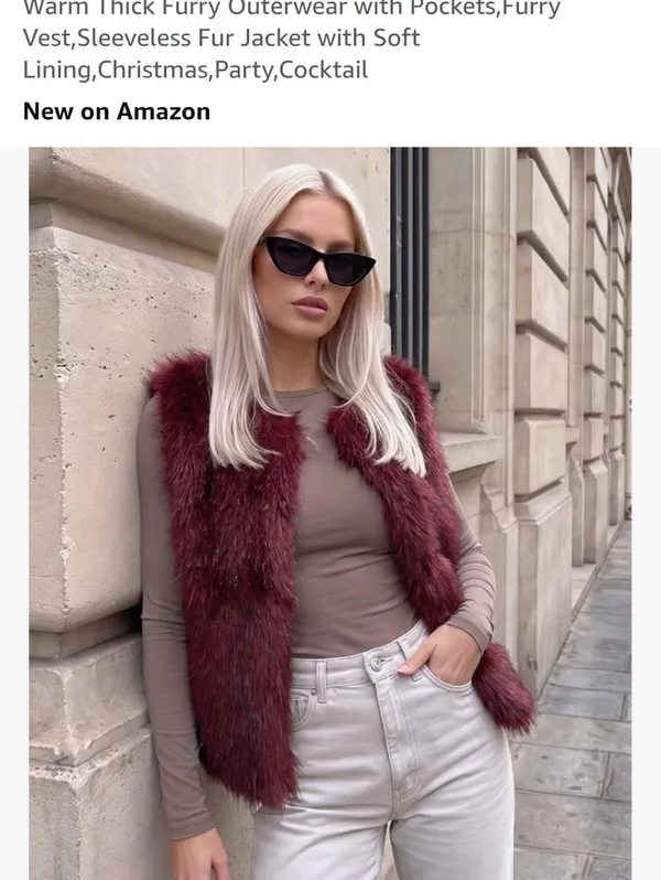 Faux Fur Vest — Women's Burgundy Cropped Fuzzy Vest Size XS - Image 2