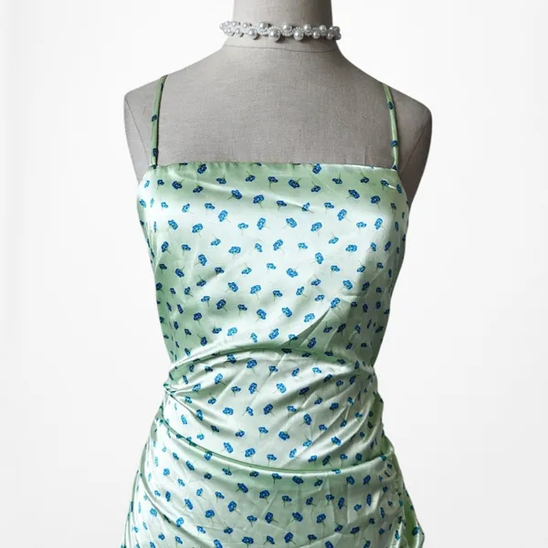 Zara Pastel Green Blue Printed Satin Midi Ruched Side Slit Summer Sundress S - Image 5