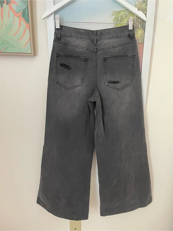 Dolls Kill Widow Sinful Attitude Wide Leg Jeans Pants in Distressed Grey Black - Image 3