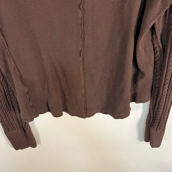 Lucky Brand Womens Brown Waffle Knit Henley‎ Top Cable Knit Sleeves Large boho - Image 9