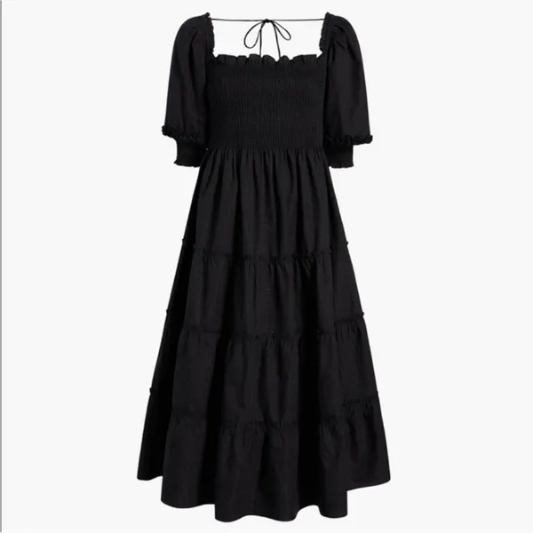 Hill House Nesli Nap Dress Short Puff Sleeve Swiss Dot Tiered Midi Black Small S - Image 4