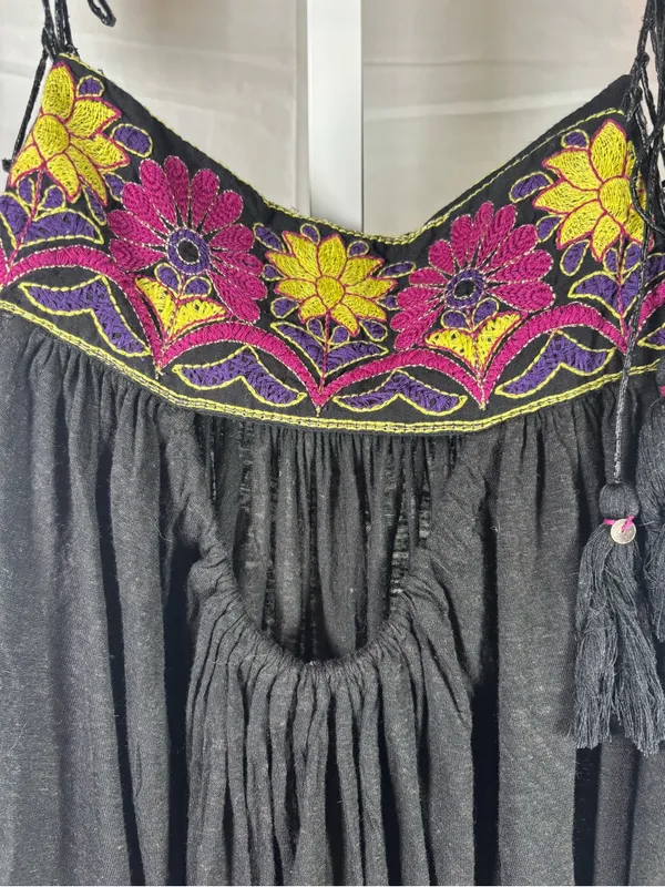 Free People Black Tiered Embroidered Tie-String Camisole - Image 7