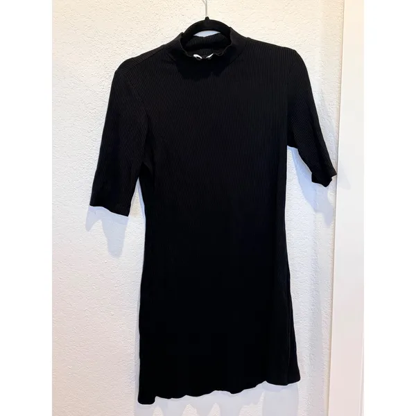 Reformation Jeans Black Ribbed Mock Neck Mini Dress XL Short Sleeve Bodycon - Image 2