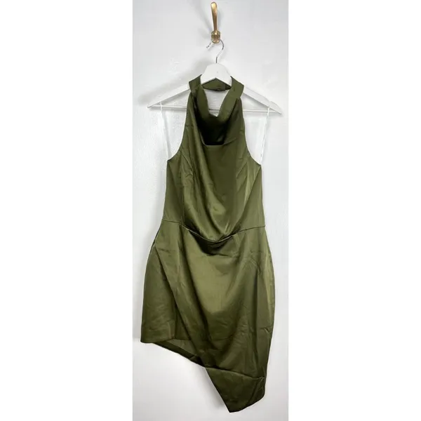 ELLIATT Camo Asymmetric Satin Cocktail Dress in Khaki Size Large - Image 5