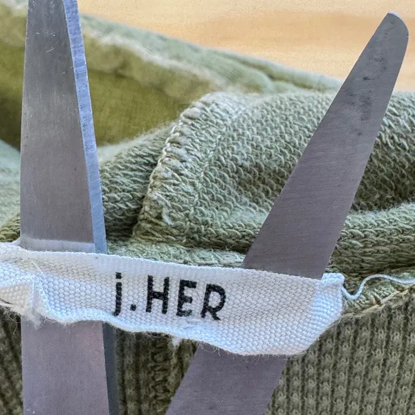 J.HER Olive Green Mixed Media Thermal Waffle Knit Hoodie Oversized Distressed Lg - Image 8
