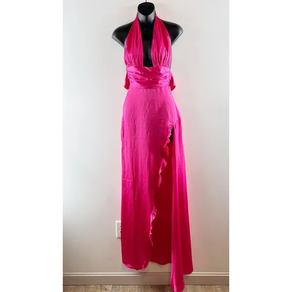 Lucy In The Sky Plunge Tie Back Ruffle Slit Satin Maxi Dress Gown Pink XXS - Image 4
