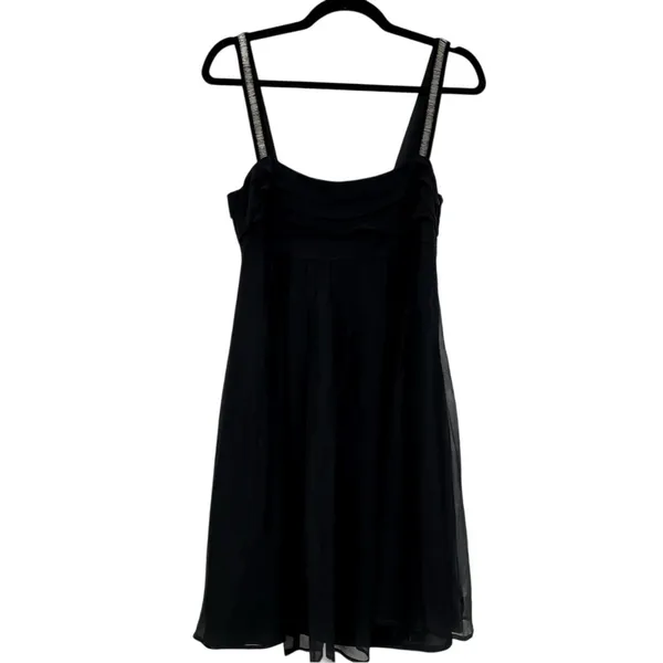 Mango Black Silk A Line Mini Dress Beaded Strap Y2K Womens 6 Party Babydoll - Image 2