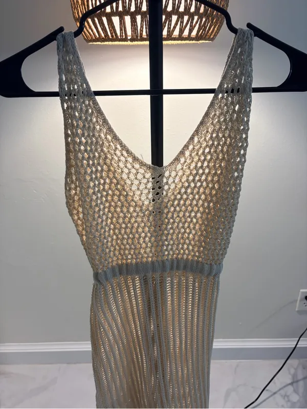 Boho Crochet Swim Cover-Up Dress in Beige - Image 5