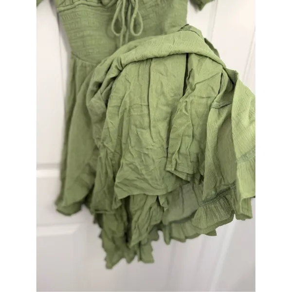Free People Perfect Day Cotton Mini Dress Womens Medium Olive Green Deep V Neck - Image 5