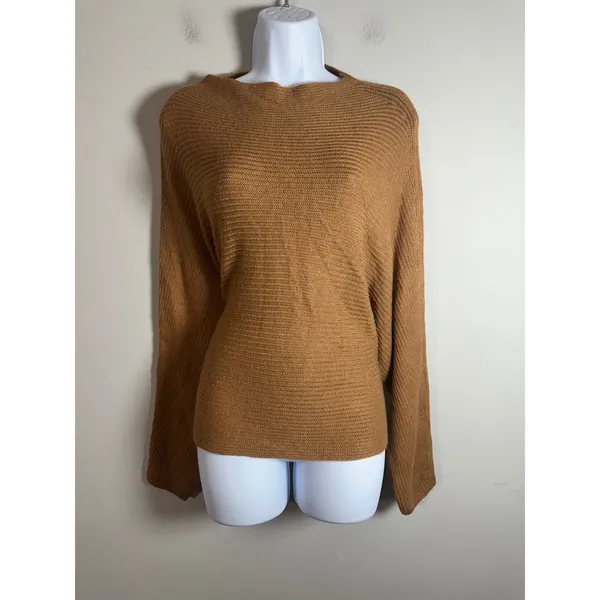 Leith Womens Cognac Brown Ribbed Batwing Boat Neck Pullover Sweater Small‎ - Image 2