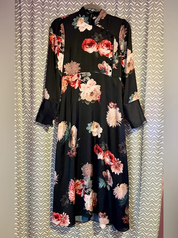 NWOT ZARA | Floral Satin Mandarin Collar Dress, Small - Image 2