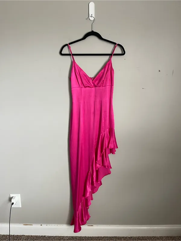 BARDOT Hot Pink Ember Satin Asymmetric Ruffle Midi Slip Dress Sz 4 - Image 2