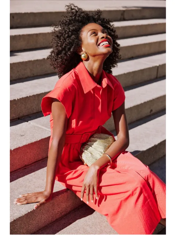 New Tuckernuck Red Chloe Midi Dress XS Belted Collared Moir Classic Elegant - Image 6