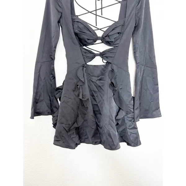 Oh Polly Adria Long Sleeve Bow Mini Dress Size 2 Black Satin Ruffle Lace Up Back - Image 11