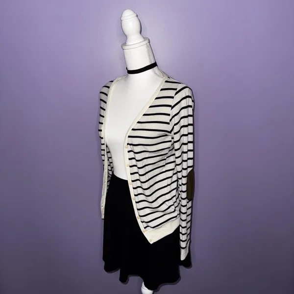 Poof! Striped Cream and Black Cardigan with Elbow Patches - Image 8