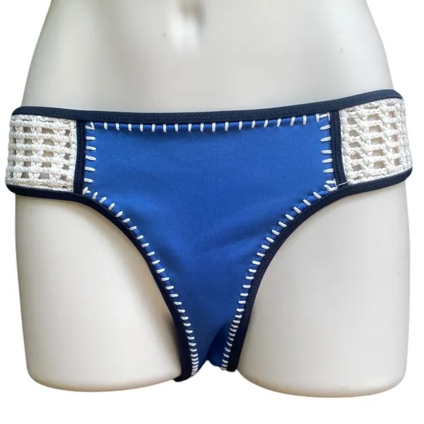 Victorias Secret VS Swim Surf Crochet Bikini Bottom Cheeky Blue Ivory Boho Sz S - Image 3