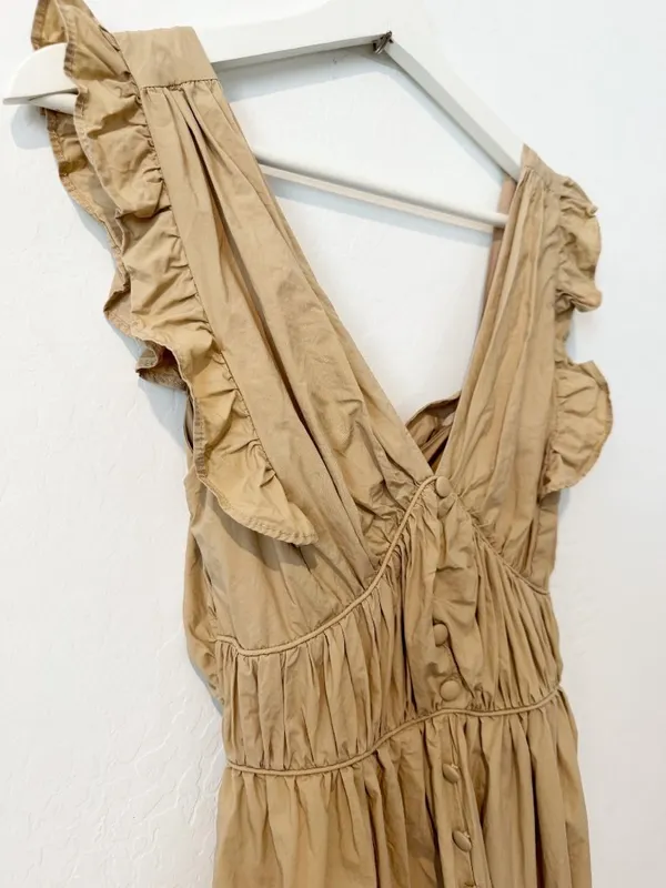 Mable Cotton Poplin Tiered Midi Dress Size Small Tan Cottagecore Milkmaid Boho - Image 9