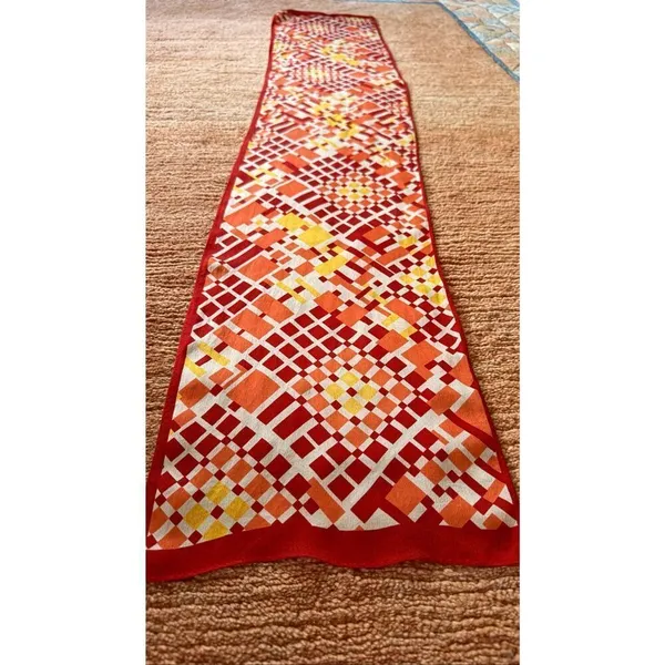 Geometric Silk Feel Scarf Red Orange Yellow Long Rectangle Vintage Style - Image 4