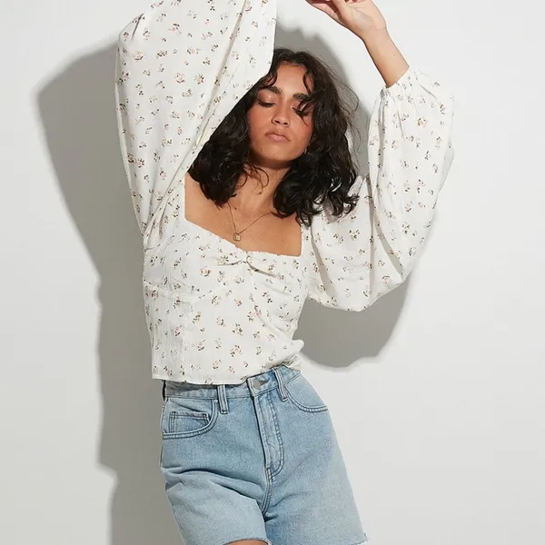 Billabong Love Somebody Cropped Balloon Sleeve Top Sz L‎ Boho Coastal - Image 2