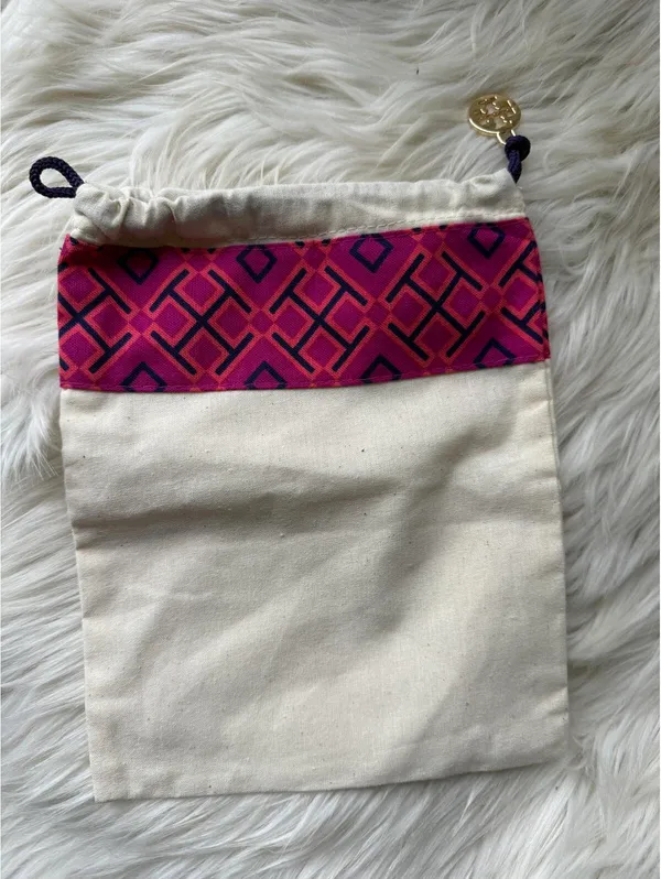 Tory Burch Drawstring Canvas Pouch with Pink and Purple Geometric Trim - Image 2
