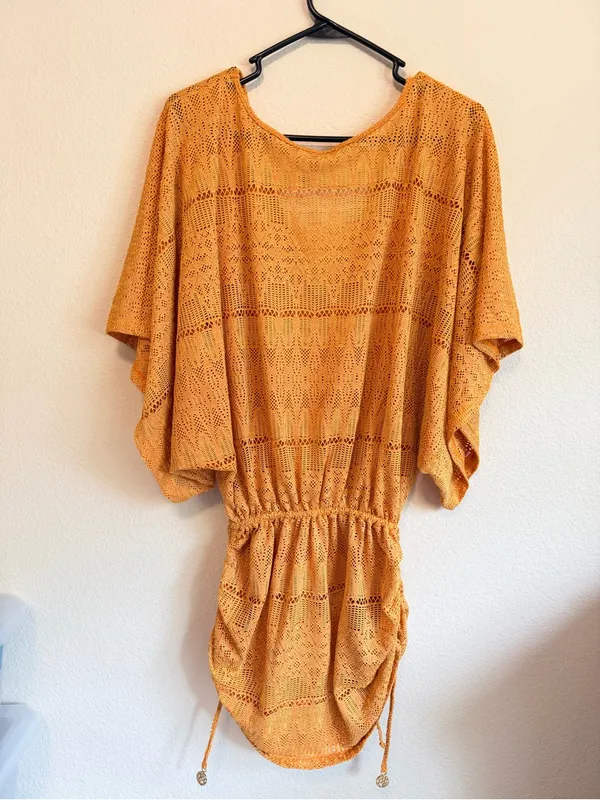 Luli Fama Obsession Cabana kimono sleeves dress, crochet knit, mustard yellow, M - Image 9