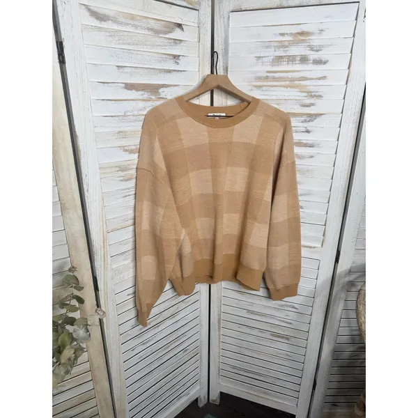 MADEWELL Women's XL Merinol Wool Windowpane Plaid Pullover Sweater Camel Tan - Image 9
