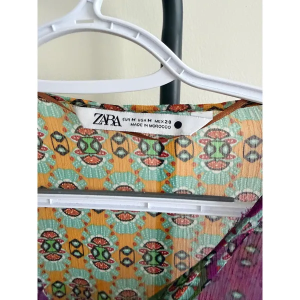 Zara Women Multi Color Patchwork Geometric Print Tie Front Beaded Blouse Medium - Image 3