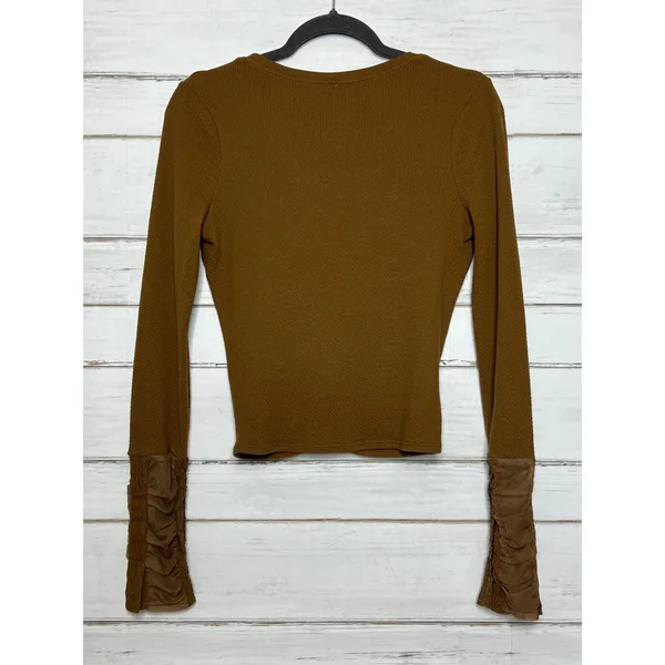 Free People Wear Me Out Brown Waffle Knit Ruched Mesh Sleeve Top Small - Image 3