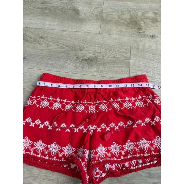LOFT Red Embroidered shorts LINEN VISCOSE drawstring BOHO pockets Fray Edge sz S - Image 7