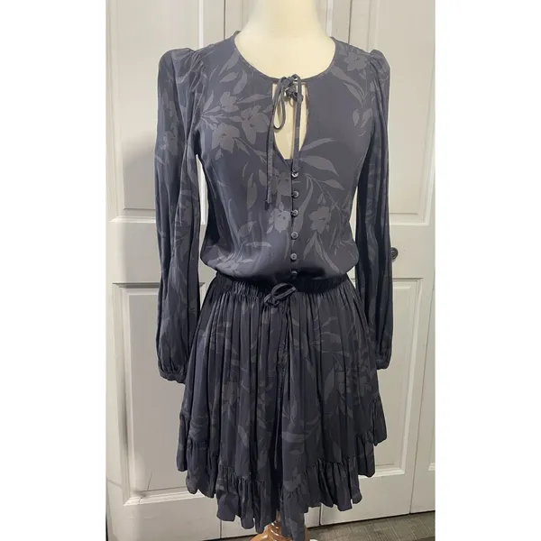 Sundry Floral Print Button Front Tie Waist‎ Long Sleeve Mini Dress Charcoal M - Image 3