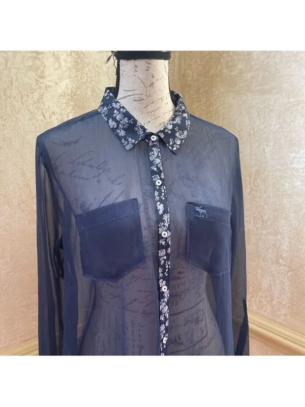 Abercrombie Fitch Women BLUE Chiffon Roll Tab Button Up Shirt Sheer Blouse Top M - Image 3