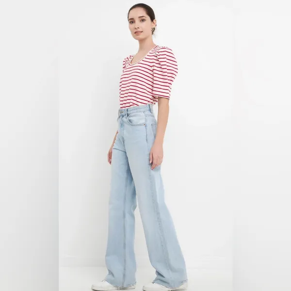 English Factory Red & White Stripe Pleated Puff Sleeve Top – Medium - Image 2