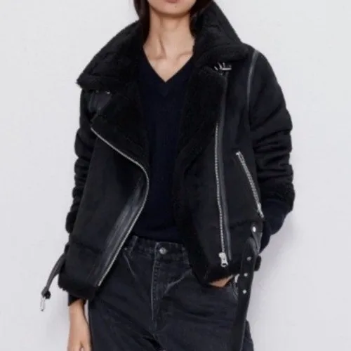ZARA Women's Double Sided Jacket Faux Suede Shearling Moto Aviator Size Medium‎ - Image 2