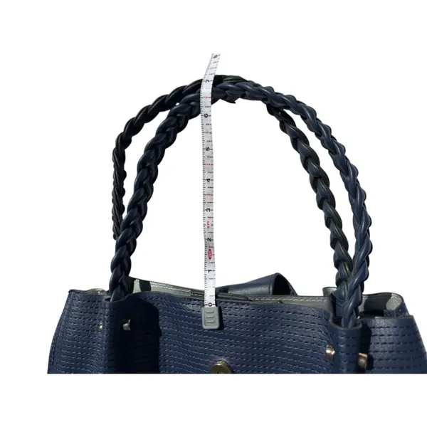 Navy Blue Triple Compartment‎ Tote Bag Classic Elegant Braided Handles Gold Logo - Image 12