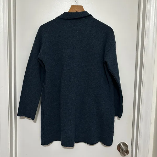 Eileen Fisher | Merino Wool Blend Teal Blue Notched Lapel Cardigan Blazer, S - Image 3