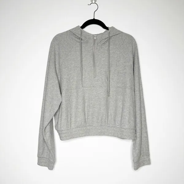 NEW Zella Half Zip Ribbed Hoodie Women's Elastic Waist Light Gray Size Large - Image 4