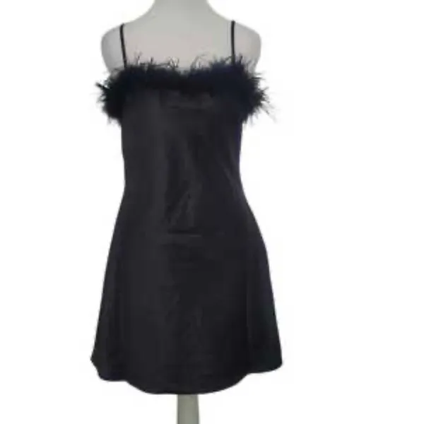 Thirty Thirty LA Black‎ Satin Feather Trim Mini Dress Womens Large 6DWAW554 - Image 2