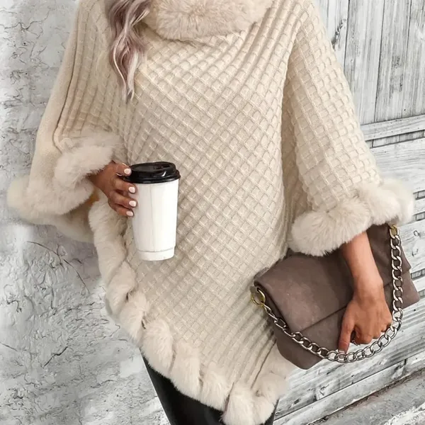 Elegant Fur Trim Hanky Hem Pullover Sweater Cape - Apricot - size M (8/10) - Image 5