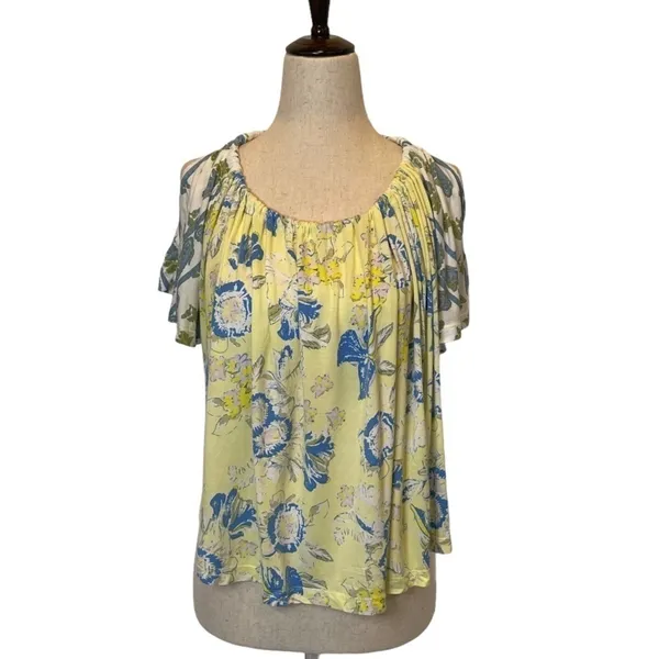 Free People Yellow Baja Babe Printed Cold‎ Shoulder Short Sleeve Top Size XS - Image 5