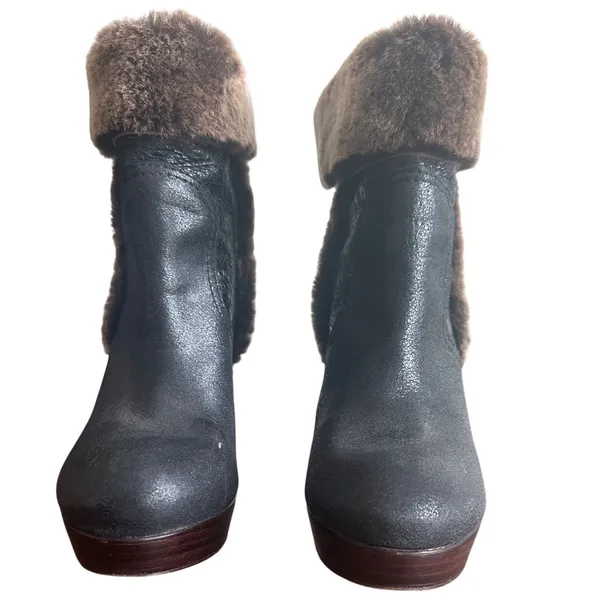 Tory Burch Shearling Cuffed Platform Booties Metallic Leather Fur Trim 8 - Image 3