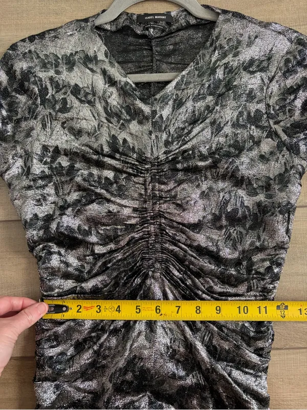 Isabel Marant Diego Floral Ruched Print Stretch Silk Blend Silver Black Top 36 - Image 9