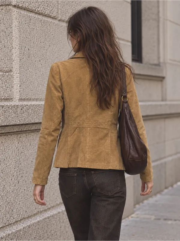 Vintage Y2K Rue21 Genuine Suede Tan Double Breasted Jacket Medium Boho - Image 2