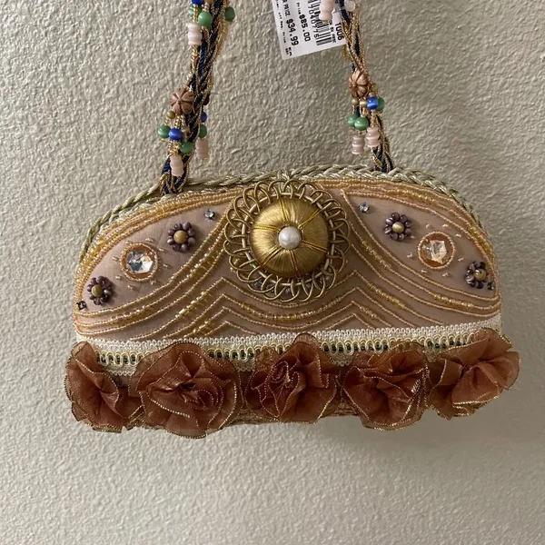 CEM NWT Beaded Evening Bag Purse Taupe Gold‎ Floral Embellished Clutch UNIQUE - Image 2