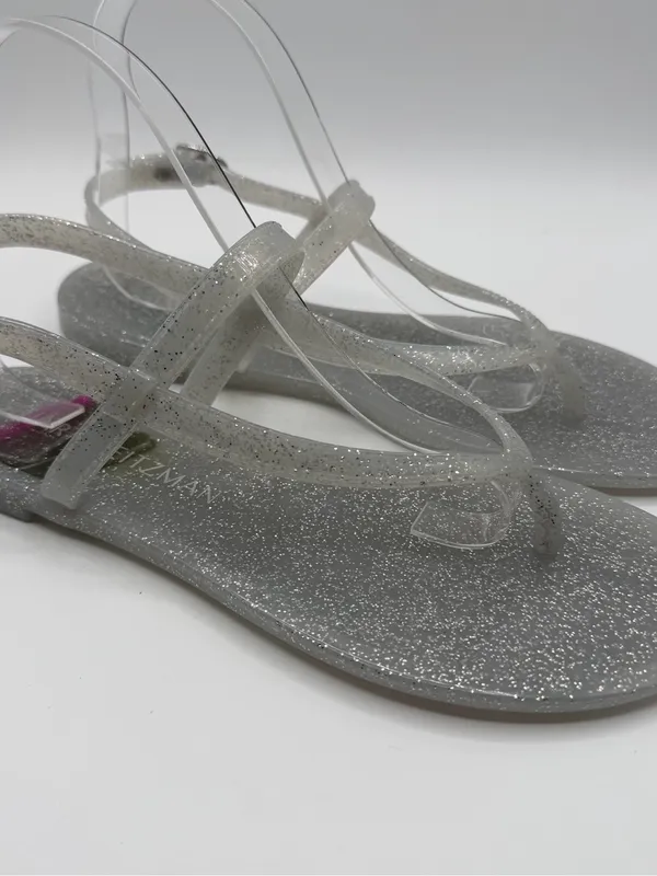 Stuart Weitzman Sallie Jelly Sandals 9 Silver Glitter T Strap Clear NWOB - Image 2